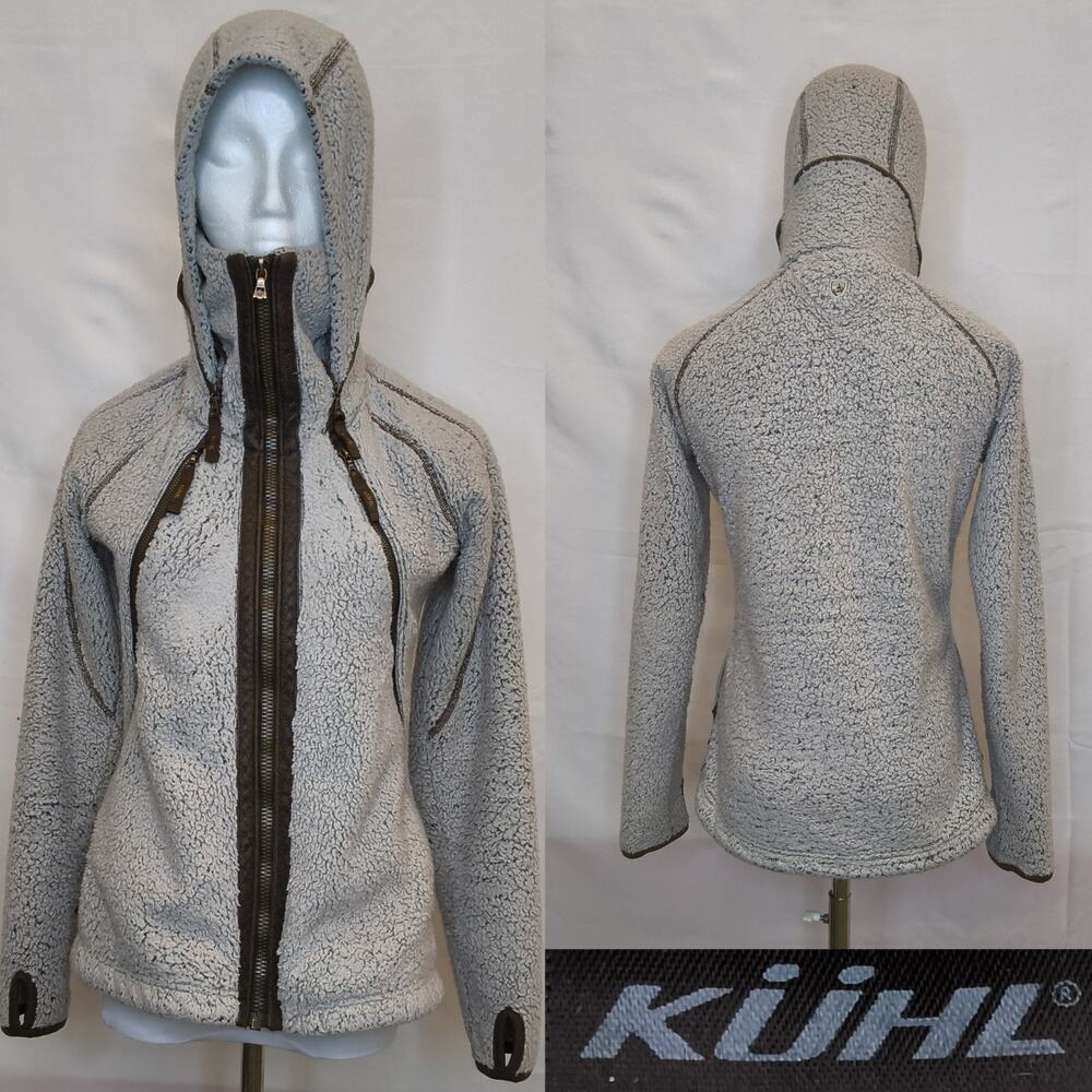 Kuhl Flight Jacket Women's S Gray Fleece w/ Brown Trim Hooded Full Zip #W4850